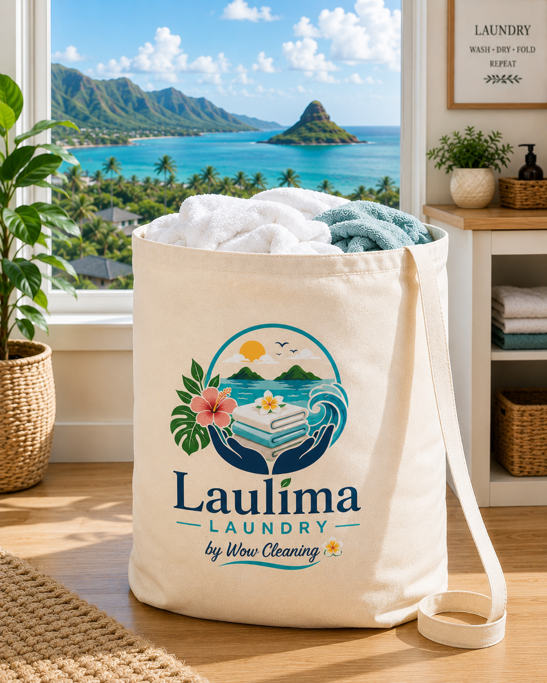 Laulima Laundry reusable bag with folded towels and Windward Oʻahu coastline